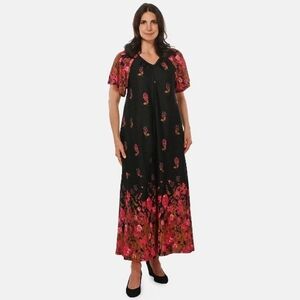 XL Lounge House DRESS by Easy Essentials. Black  Floral. Zip, Soft, Breathable.